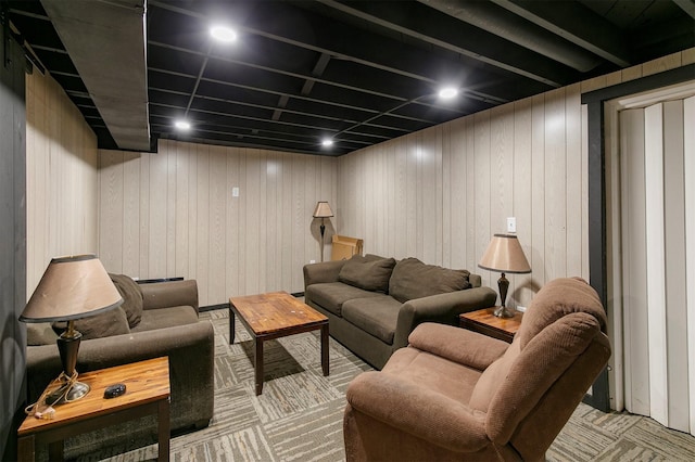 2904 Shadyoak Dr, Des Moines, IA 50310 - living room with carpet flooring and wood walls