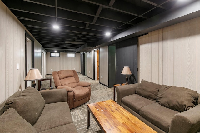 2904 Shadyoak Dr, Des Moines, IA 50310 - living room featuring carpet floors and wood walls