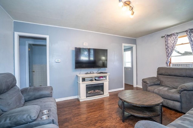 310 E 19th St S, Newton, IA 50208 - living room featuring healthy amount of natural light, crown molding, wood finished floors, cooling unit, and a fireplace