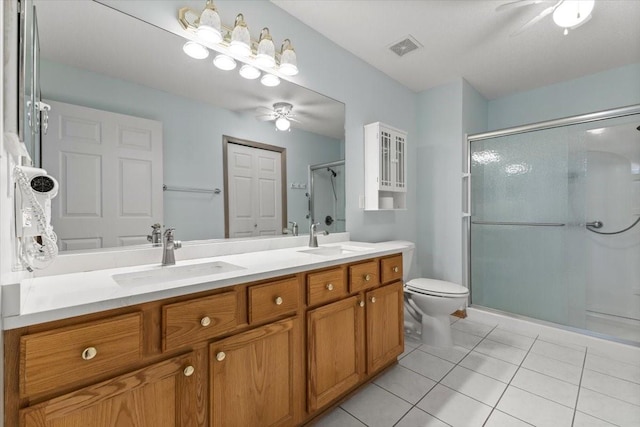 130 NW Georgetown Blvd Unit 4, Ankeny, IA 50023 - full bathroom featuring a ceiling fan, double vanity, a stall shower, and tile patterned floors