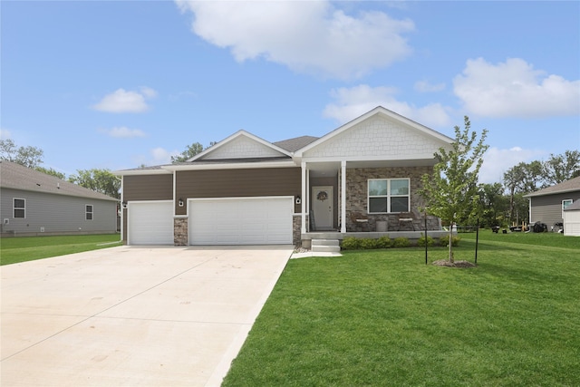 70 Prairie Bluff Dr, Waukee, IA 50263 - craftsman-style home featuring stone siding, a garage, concrete driveway, a front lawn, and covered porch