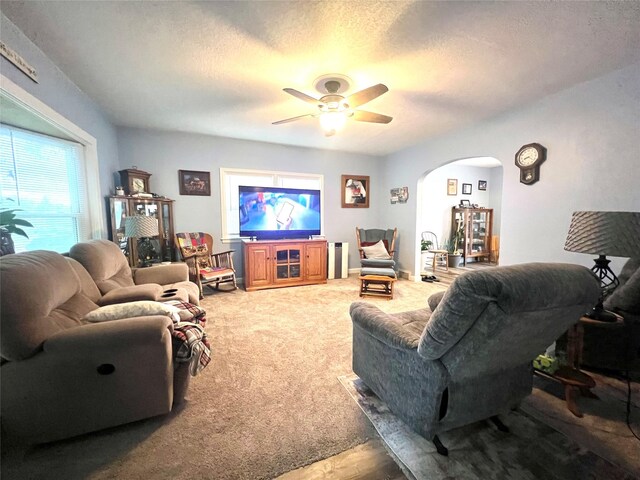109 E Jackson St, Panora, IA 50216 - living room featuring arched walkways, a ceiling fan, carpet flooring, and a textured ceiling