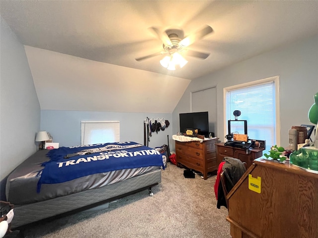 109 E Jackson St, Panora, IA 50216 - bedroom with light colored carpet, vaulted ceiling, and a ceiling fan