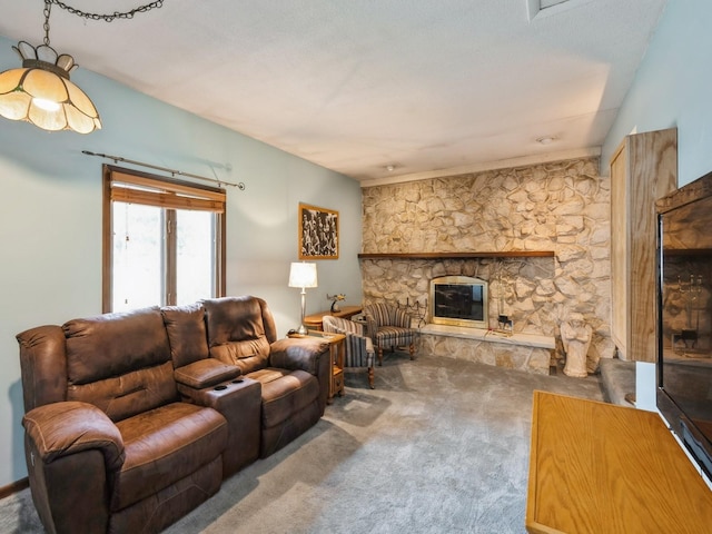 2400 Farwell Rd, Des Moines, IA 50317 - carpeted living area featuring a stone fireplace