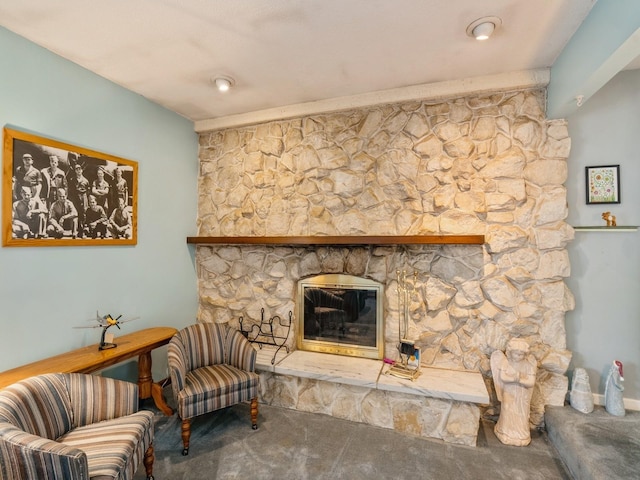 2400 Farwell Rd, Des Moines, IA 50317 - sitting room featuring carpet floors and a stone fireplace