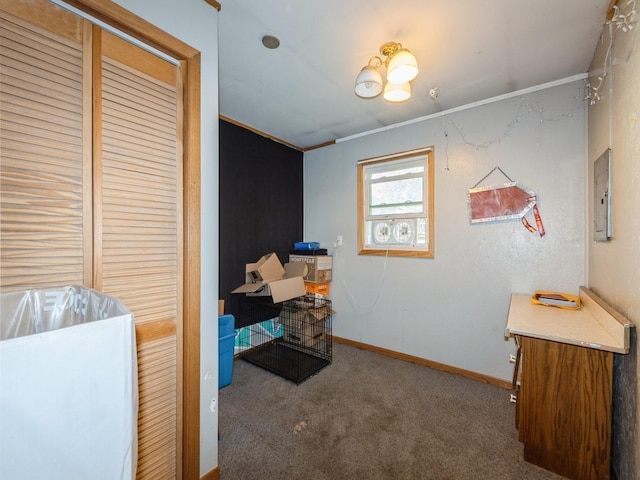 808 SW 2nd St, Stuart, IA 50250 - carpeted bedroom featuring electric panel, ornamental molding, and a desk