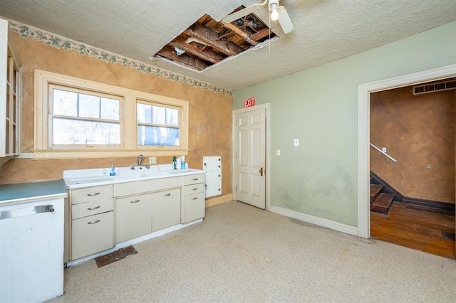 115 W Mclane St, Osceola, IA 50213 - kitchen featuring light colored carpet, light countertops, and white cabinets