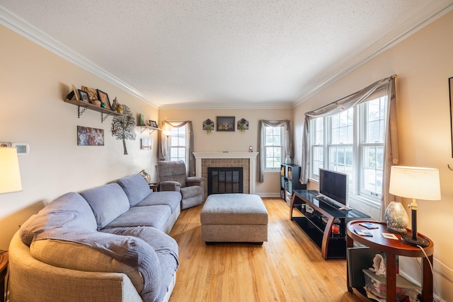1209 Edgemont St, Des Moines, IA 50315 - living room featuring crown molding, light wood-type flooring, a fireplace, and a textured ceiling