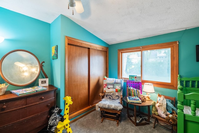 1209 Edgemont St, Des Moines, IA 50315 - sitting room featuring carpet flooring, lofted ceiling, a ceiling fan, and a textured ceiling