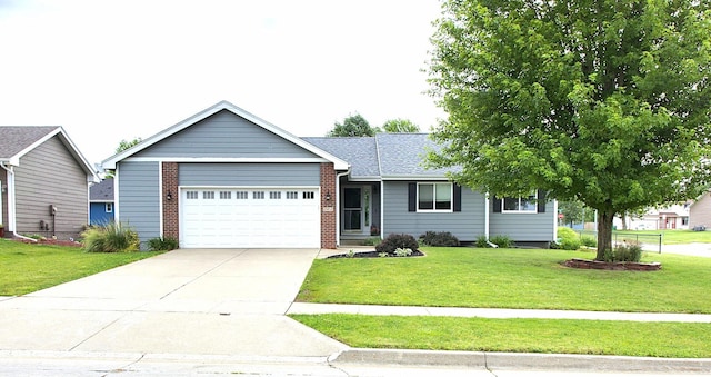 302 Crossing Ct NW, Bondurant, IA 50035 - ranch-style home featuring brick siding, an attached garage, a front lawn, concrete driveway, and a shingled roof