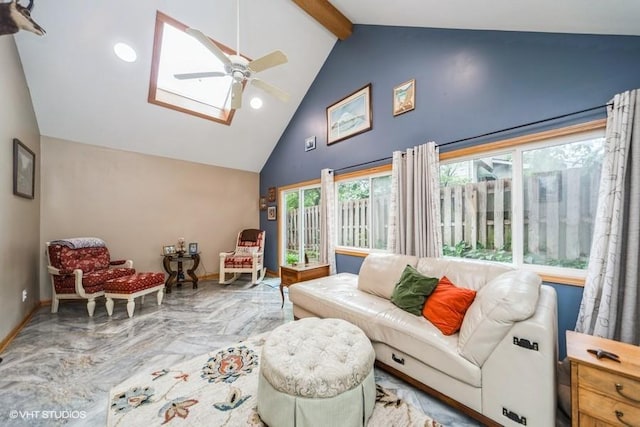 7100 Holcomb Ave, Urbandale, IA 50322 - living room with ceiling fan, beamed ceiling, high vaulted ceiling, a skylight, and recessed lighting