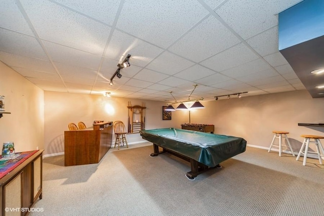 7100 Holcomb Ave, Urbandale, IA 50322 - rec room with track lighting, carpet floors, billiards table, and a paneled ceiling