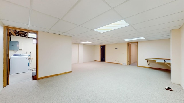 4610 SE 7th St, Des Moines, IA 50315 - finished basement with washer / dryer, electric panel, carpet, and a drop ceiling