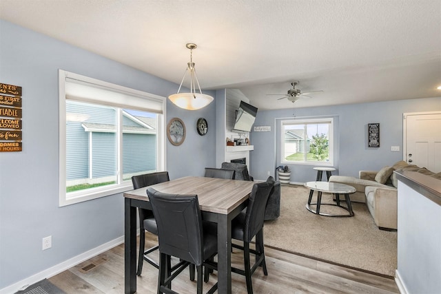 1115 Locust St, Waukee, IA 50263 - dining space featuring a ceiling fan, a fireplace, and light wood-style flooring