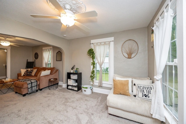 951 28th St, Des Moines, IA 50312 - carpeted living area with ceiling fan and arched walkways