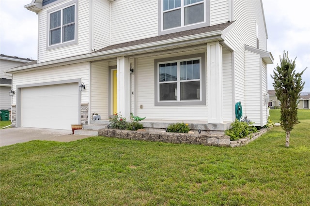 3635 Linden Dr SW, Bondurant, IA 50035 - view of front of home featuring an attached garage, a front lawn, concrete driveway, and covered porch