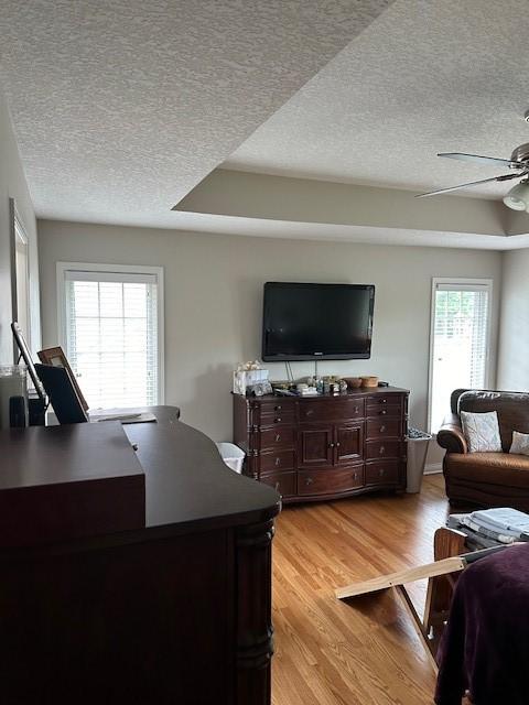 4017 160th St, Urbandale, IA 50323 - living area featuring a textured ceiling, a ceiling fan, and light wood-style floors
