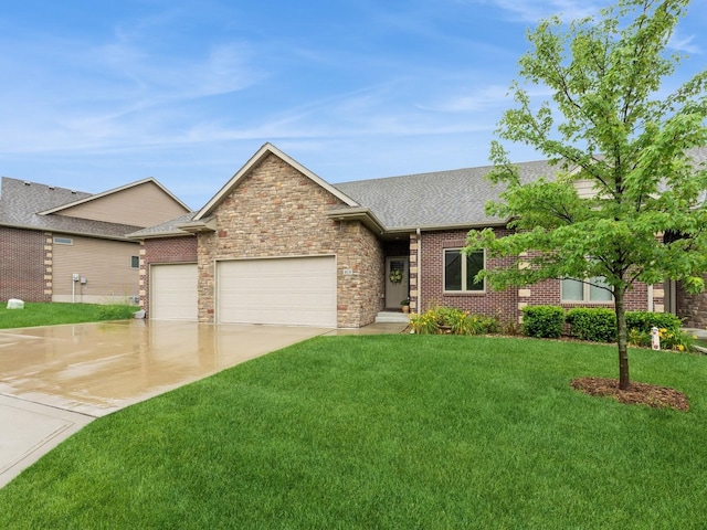 16530 Valleyview Ln, Clive, IA 50325 - view of front of property featuring a garage, roof with shingles, a front yard, driveway, and stone siding