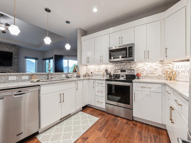 16530 Valleyview Ln, Clive, IA 50325 - kitchen with appliances with stainless steel finishes, dark wood finished floors, backsplash, pendant lighting, and ceiling fan