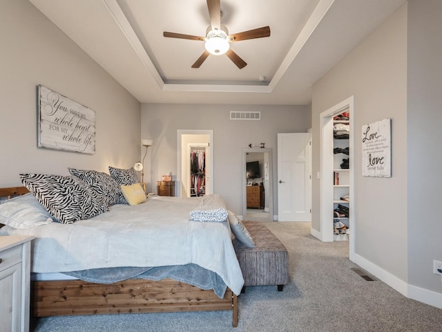 16530 Valleyview Ln, Clive, IA 50325 - bedroom with a spacious closet, a tray ceiling, a closet, carpet flooring, and a ceiling fan
