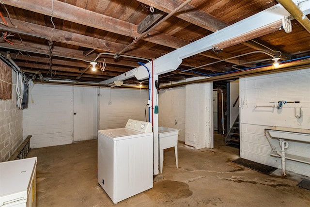 213 S Wilmoth Ave, Ames, IA 50014 - unfinished basement featuring washer / dryer, stairs, and concrete block wall