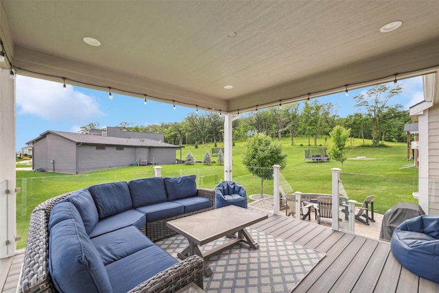 10214 Thorne Dr, West Des Moines, IA 50266 - wooden terrace featuring outdoor lounge area, a yard, and a patio area