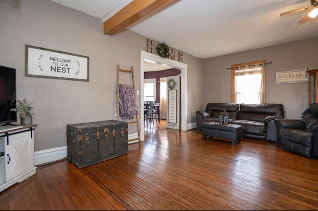 314 E 3rd St N, Newton, IA 50208 - living room featuring plenty of natural light, dark wood-style floors, beam ceiling, and a ceiling fan
