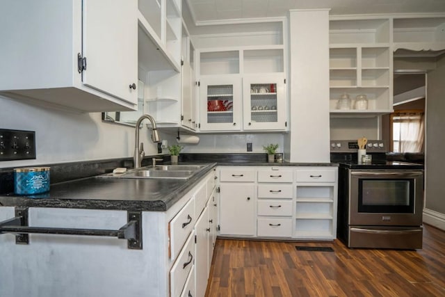 314 E 3rd St N, Newton, IA 50208 - kitchen with electric stove, open shelves, white cabinets, and dark countertops