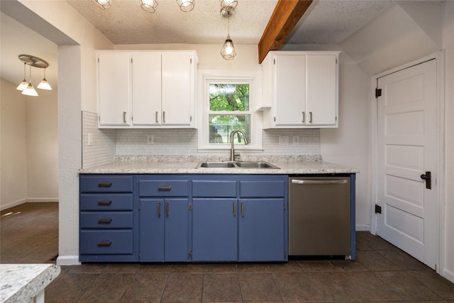 1144 57th St, Des Moines, IA 50311 - kitchen with stainless steel dishwasher, blue cabinets, decorative backsplash, light countertops, and white cabinets