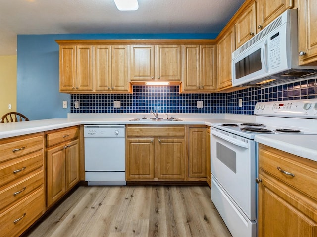 5908 Sutton Pl Unit 1, Urbandale, IA 50322 - kitchen featuring white appliances, light wood finished floors, tasteful backsplash, and light countertops