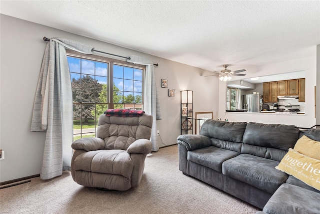 206 Main St, Grinnell, IA 50112 - carpeted living room with a ceiling fan and a textured ceiling