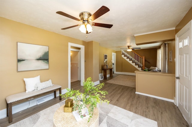 221 9th St, West Des Moines, IA 50265 - living area featuring a ceiling fan, stairway, and wood finished floors