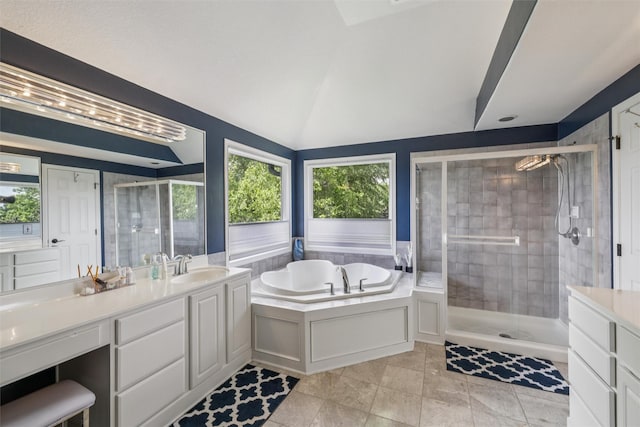 14638 Woodcrest Dr, Clive, IA 50325 - bathroom featuring a stall shower, vanity, a garden tub, and vaulted ceiling