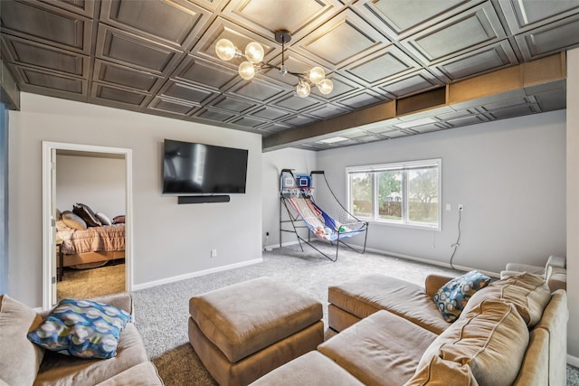 14638 Woodcrest Dr, Clive, IA 50325 - living area with carpet flooring, an ornate ceiling, and a chandelier