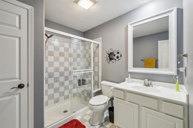 14638 Woodcrest Dr, Clive, IA 50325 - full bathroom featuring a shower stall, vanity, tile patterned floors, and a textured ceiling