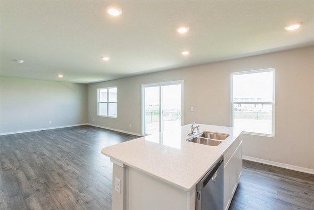 4404 NE 16th St, Ankeny, IA 50021 - kitchen featuring dishwasher, white cabinetry, dark wood-type flooring, a center island with sink, and recessed lighting