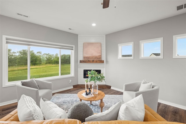 832 Kinney Cir NE, Bondurant, IA 50035 - living room with a large fireplace, recessed lighting, ceiling fan, and wood finished floors