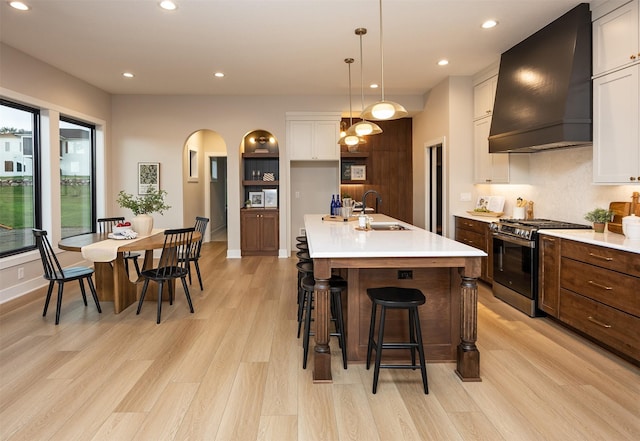 1128 NW 29th Ct, Grimes, IA 50111 - kitchen featuring stainless steel range with gas cooktop, custom range hood, light wood-style flooring, recessed lighting, and white cabinets