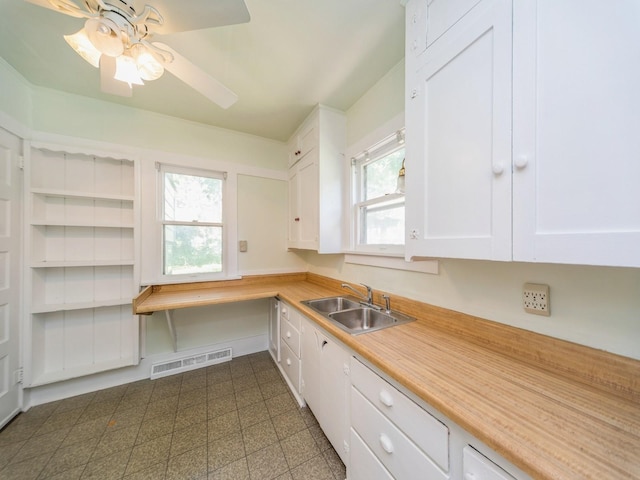 2928 34th St, Des Moines, IA 50310 - kitchen with white cabinets, light countertops, and ceiling fan