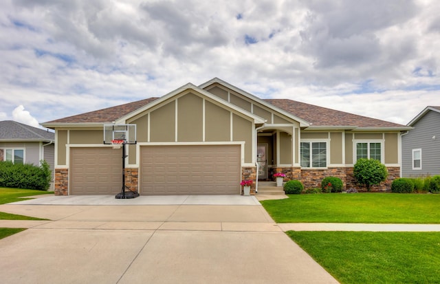 9824 Dunmore Cir, Johnston, IA 50131 - craftsman inspired home featuring an attached garage, stone siding, a front yard, concrete driveway, and stucco siding