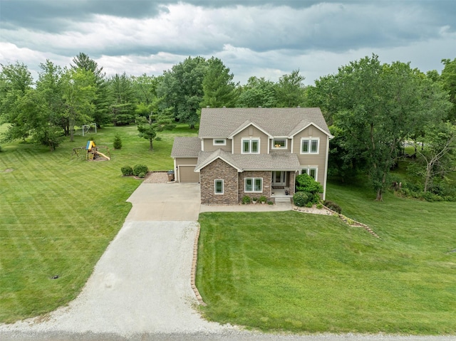 2726 SE 11th St, West Des Moines, IA 50265 - craftsman-style house with driveway, a front lawn, a shingled roof, and stone siding