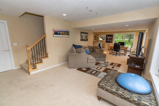 2726 SE 11th St, West Des Moines, IA 50265 - living room featuring carpet, stairway, recessed lighting, and a textured ceiling