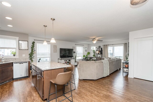 2714 NW Lois Ln, Ankeny, IA 50023 - kitchen with stainless steel dishwasher, light wood-style flooring, plenty of natural light, a kitchen island, and recessed lighting