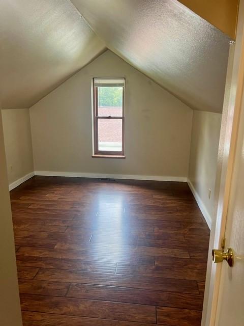 1506 Main St, Adel, IA 50003 - additional living space featuring dark wood-style flooring, vaulted ceiling, and a textured ceiling