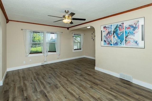 2421 Adams Ave, Des Moines, IA 50310 - empty room featuring crown molding, a textured ceiling, wood finished floors, and a ceiling fan