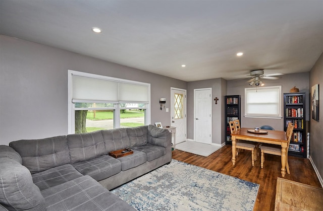 3925 55th St, Des Moines, IA 50310 - living area featuring plenty of natural light, wood finished floors, recessed lighting, and ceiling fan