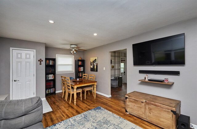 3925 55th St, Des Moines, IA 50310 - dining space with wood finished floors, ceiling fan, and recessed lighting
