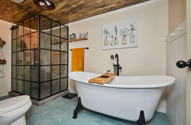 3925 55th St, Des Moines, IA 50310 - full bath with a shower stall, wood ceiling, a freestanding tub, tile patterned floors, and crown molding