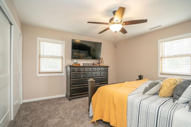 305 E 20th St S, Newton, IA 50208 - bedroom with multiple windows, a closet, carpet, and a ceiling fan