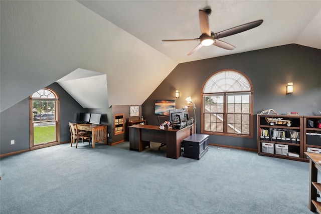940 High Ave, Newton, IA 50208 - home office featuring lofted ceiling, a ceiling fan, and carpet